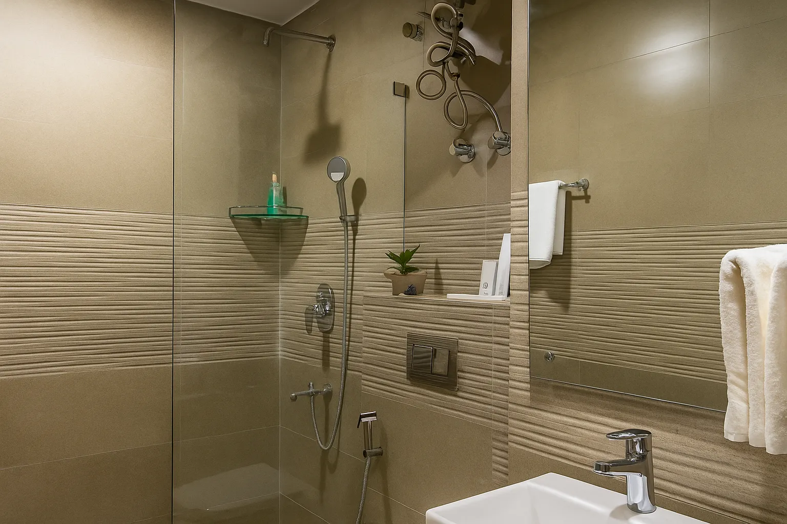 Bathroom attached to Classic Room at Perch Arbor Cyber City with western toilet, wash basin, and tiled shower area.