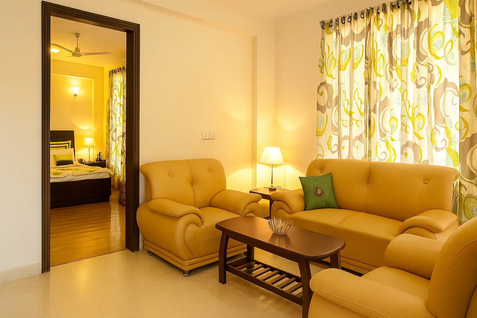 Cozy living room featuring  comfortable sofa and coffee table in 2BHK Apartment Sector 40 by Perch.