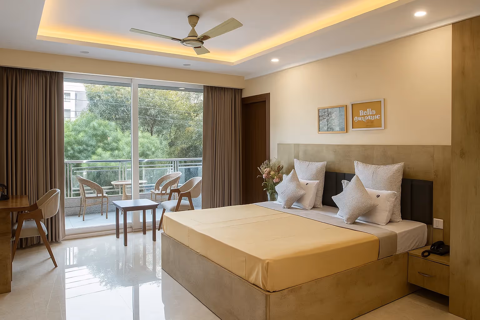 Sterling Room in Cyber City featuring a spacious bedroom with queen bed, modern interiors, and bright natural lighting – ideal for business travellers or families.