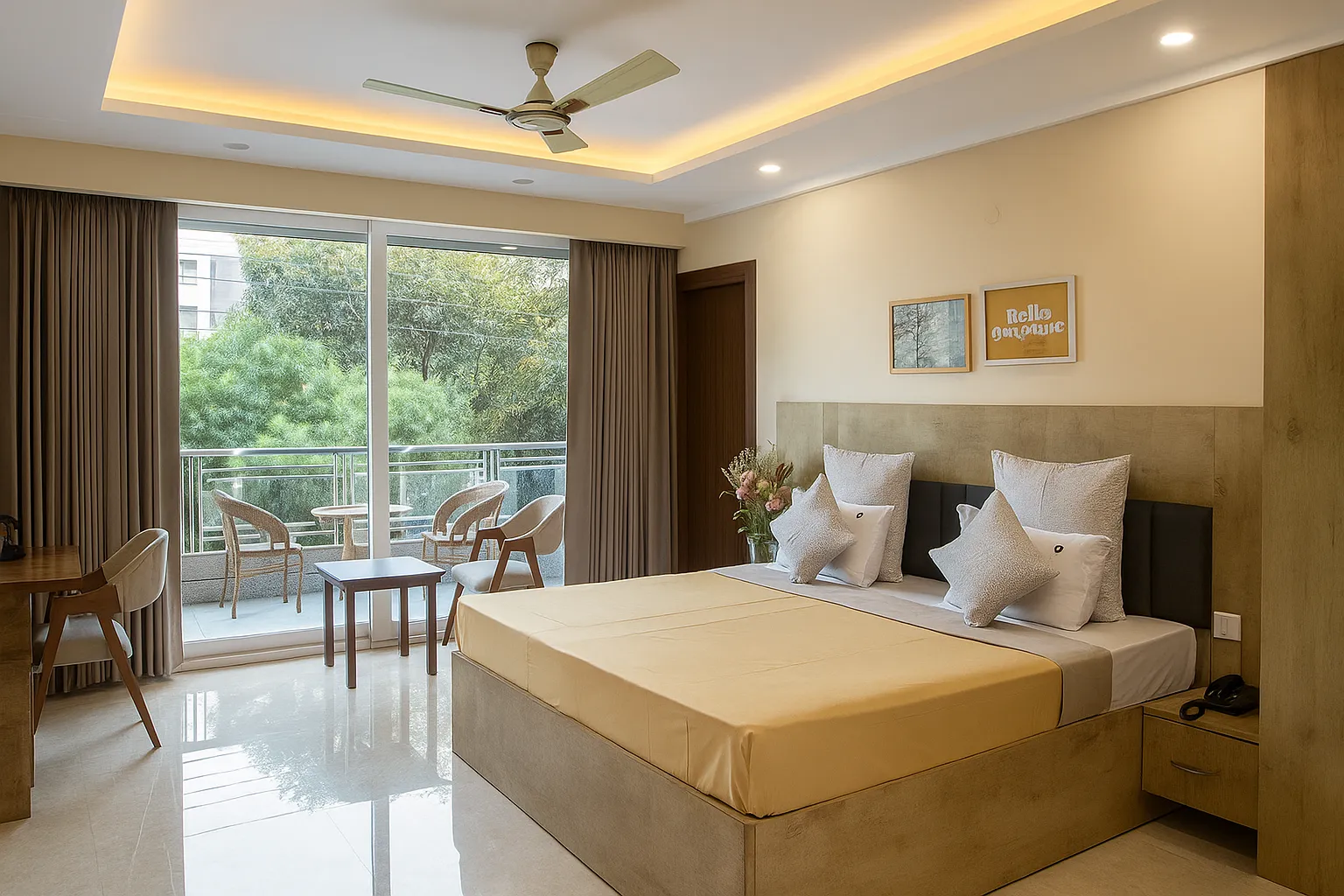 Sterling Room in Cyber City featuring a spacious bedroom with queen bed, modern interiors, and bright natural lighting – ideal for business travellers or families.