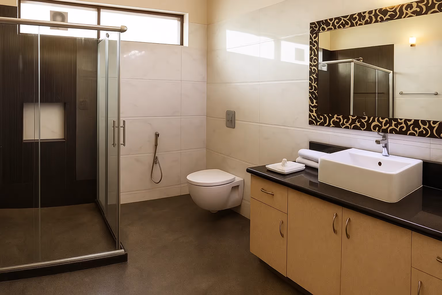 Spacious bathroom at Sterling Studio Apartment in Sushant Lok by Perch Serviced Apartments features a walk-in shower, western toilet, and clean modern design