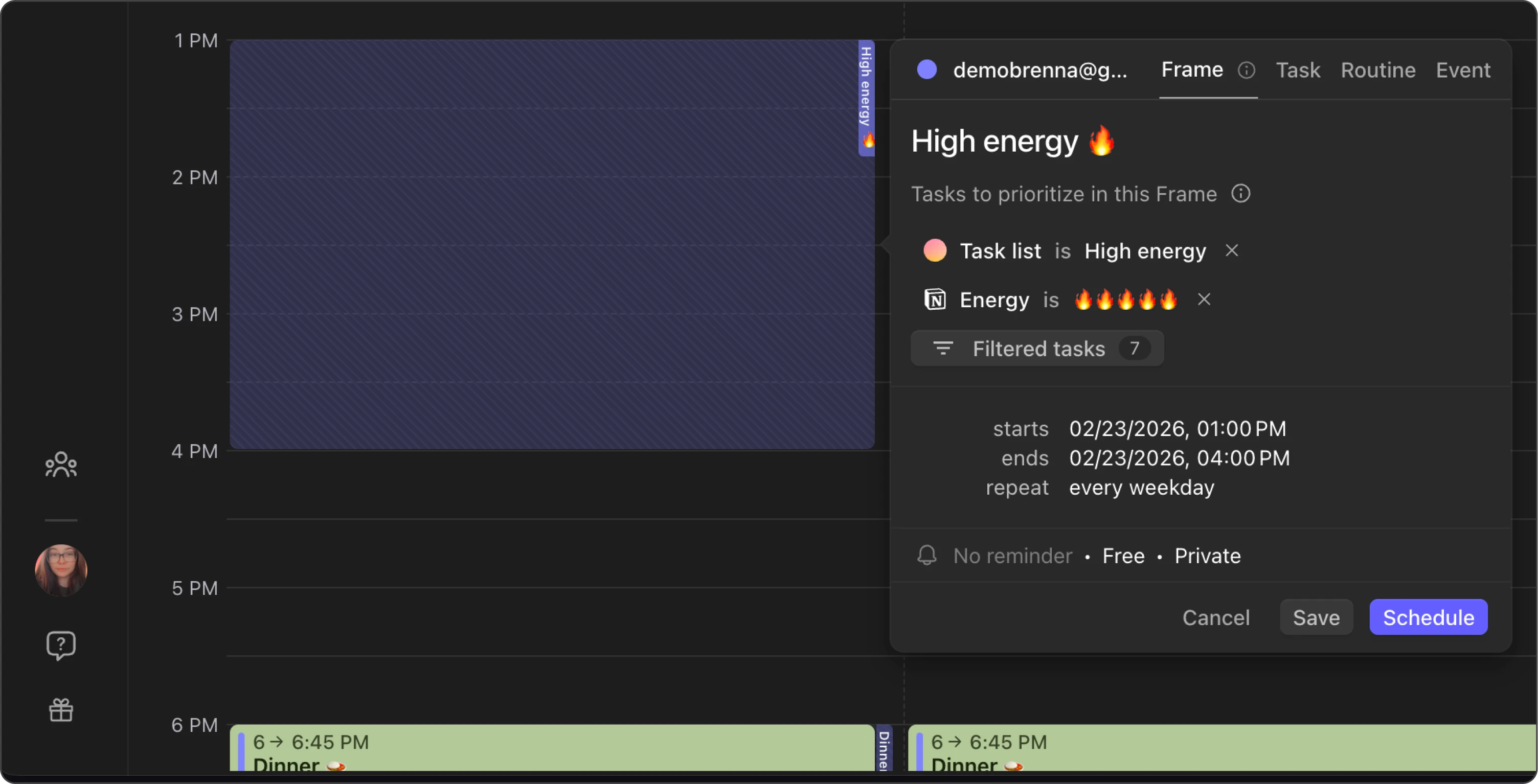 Frame filters for matching tasks to time blocks
