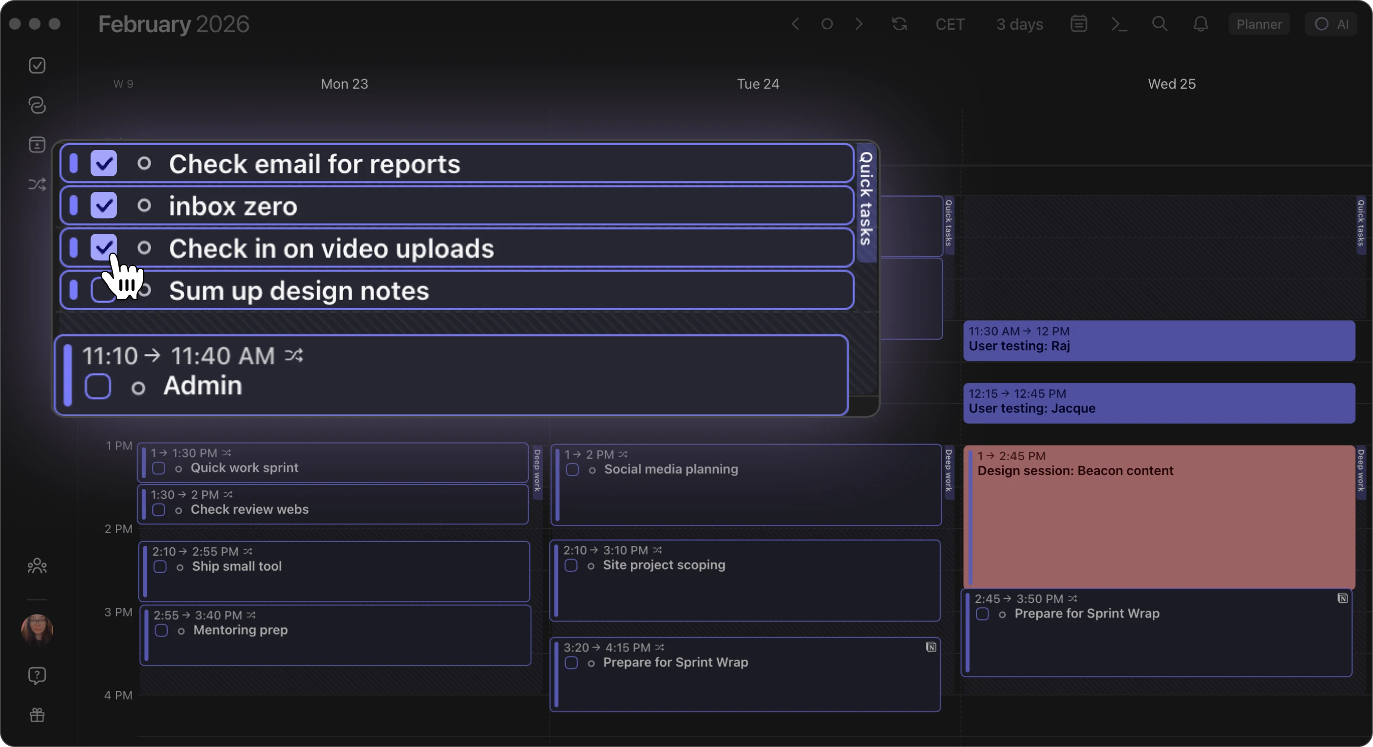Time blocking interface showing weekly block schedule in Morgen