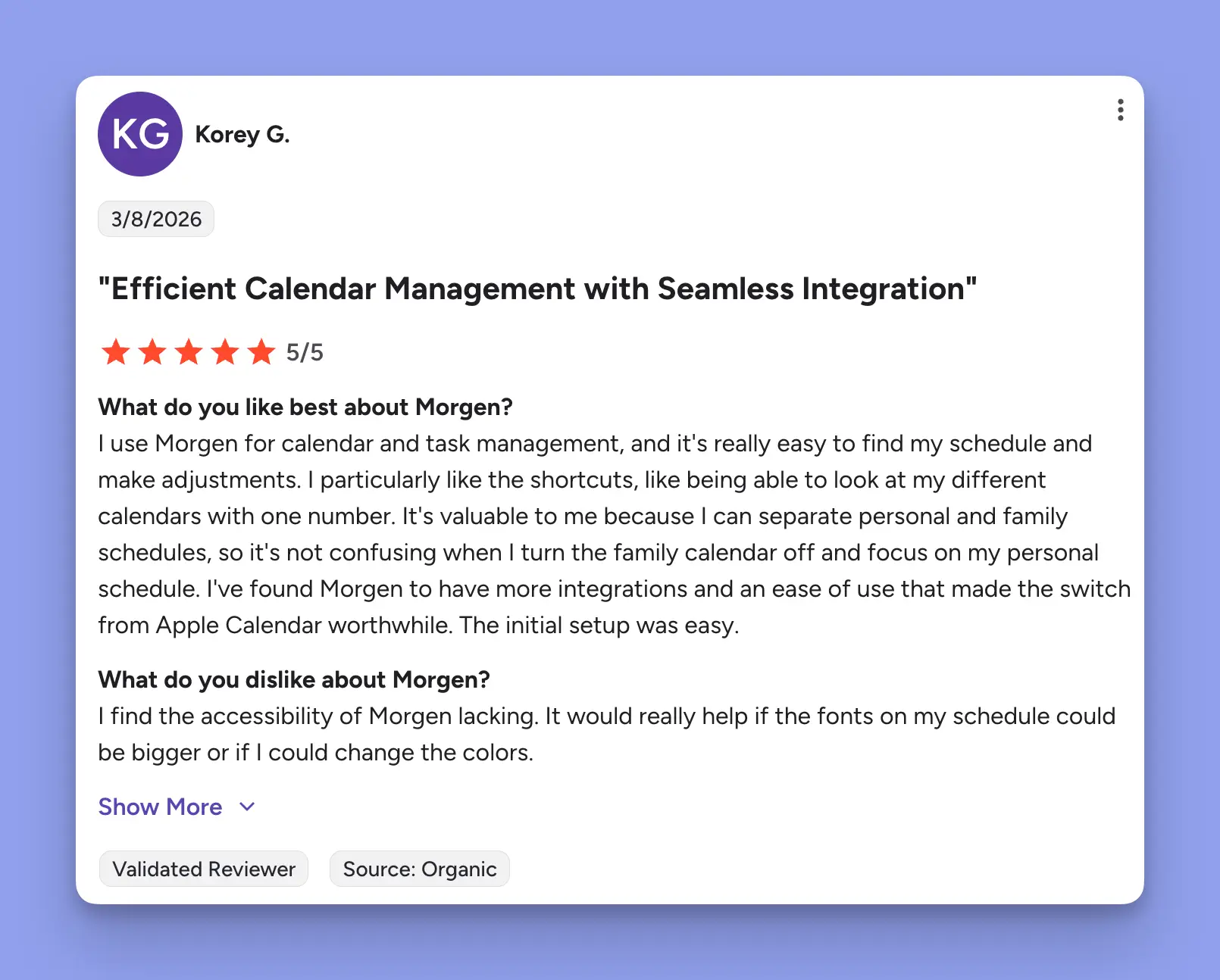 Morgen G2 review — 5 stars, highlights seamless calendar integration and AI planning