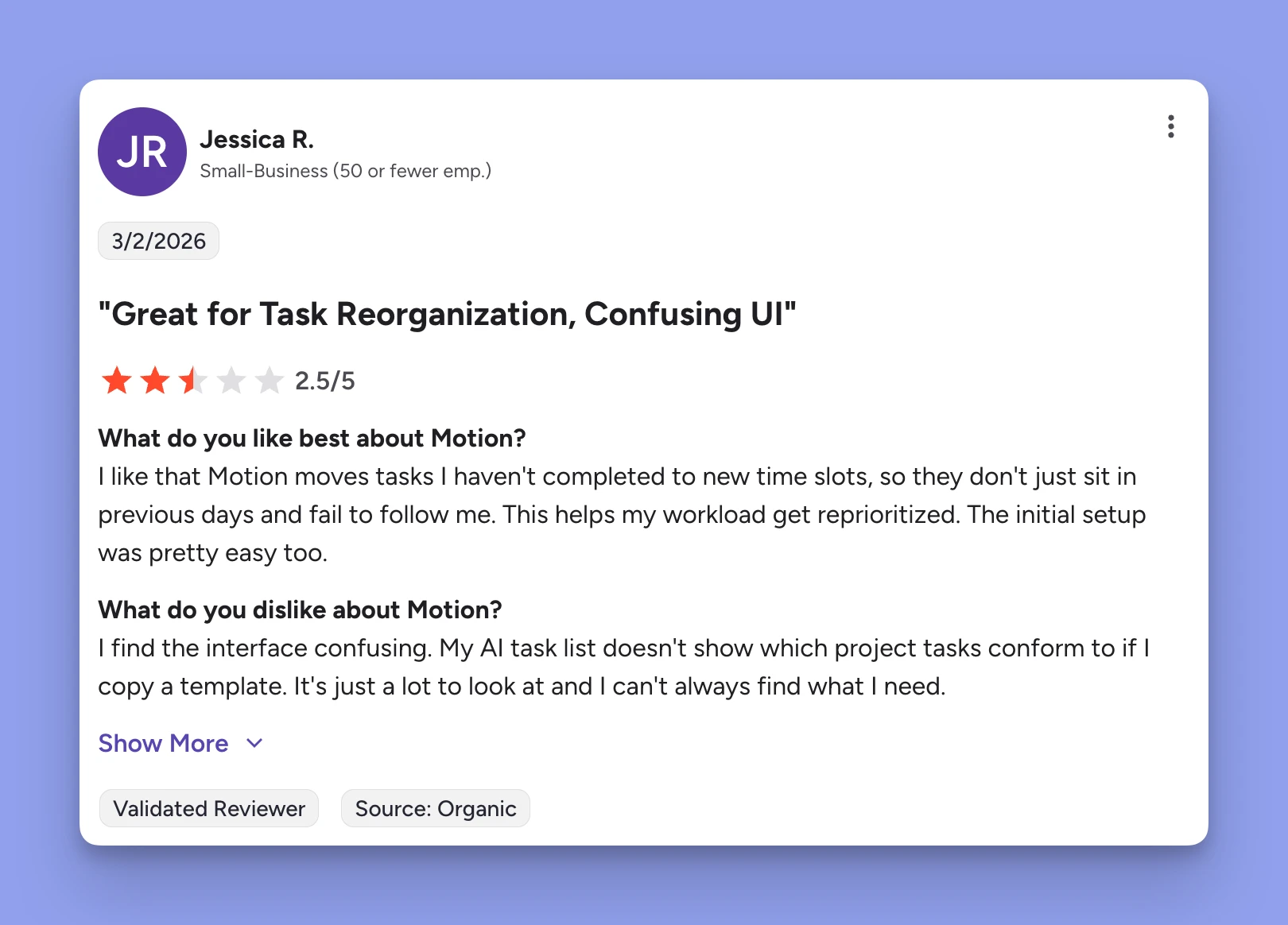 Motion G2 review — mixed feedback on pricing and billing practices