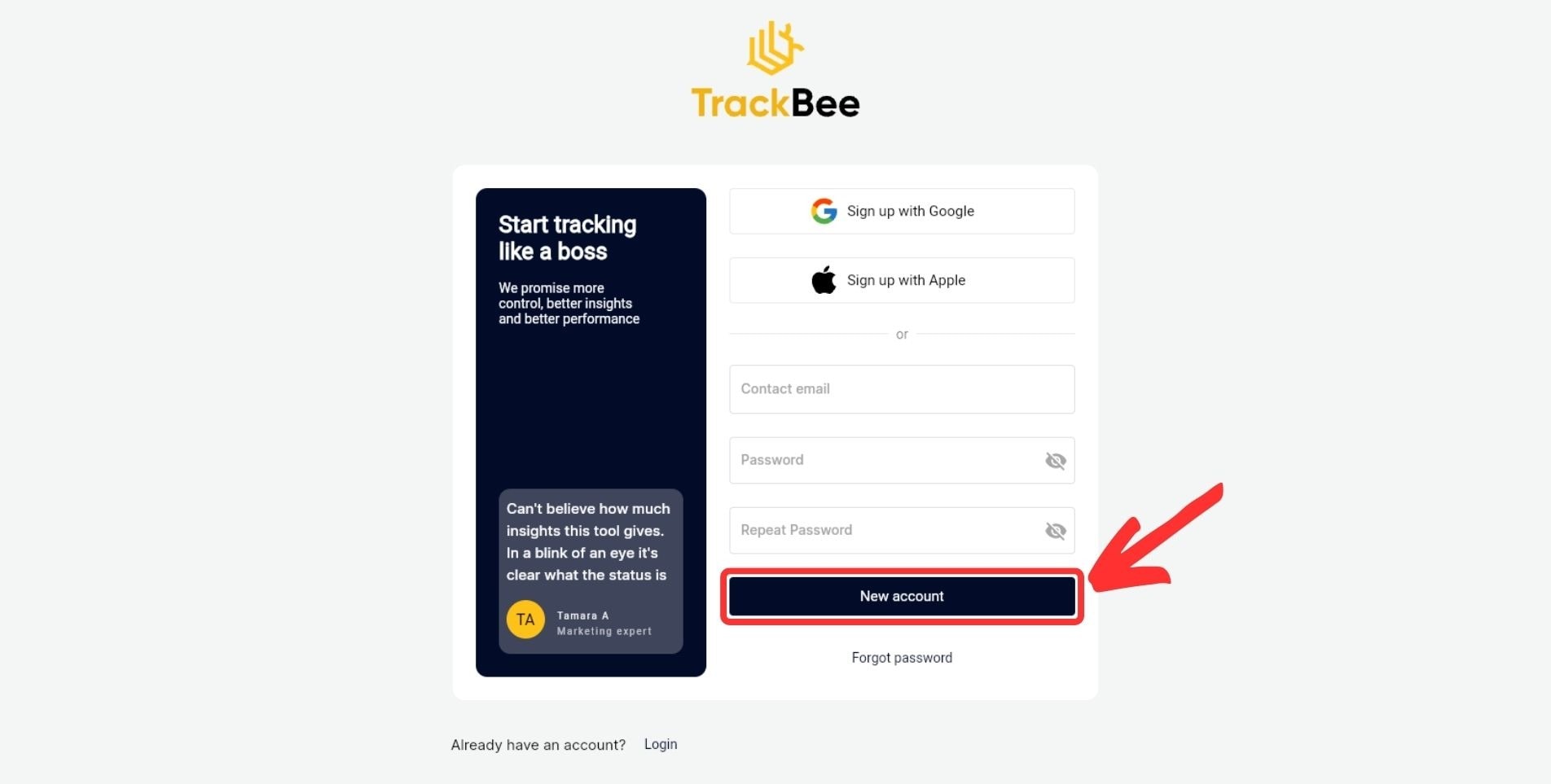 sign up for trackbee