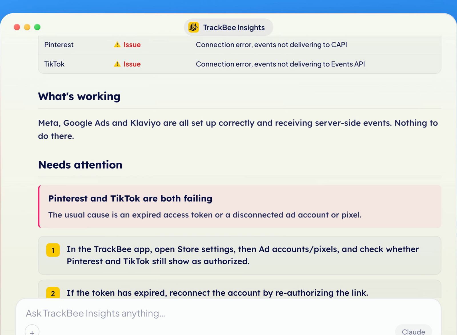 TrackBee Insights flagging that Pinterest and TikTok are both failing with connection errors, followed by numbered steps to check and reconnect the accounts.