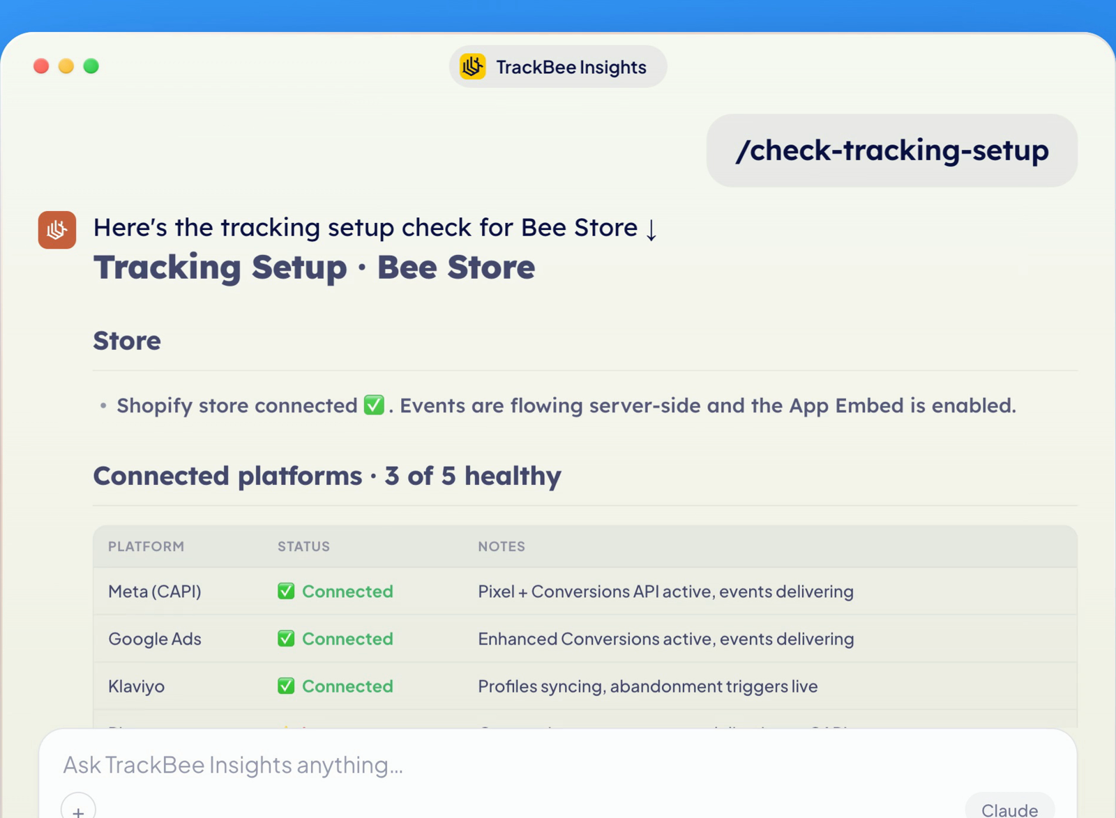 TrackBee Insights running the check-tracking-setup command, showing the Shopify store connected and a status table for Meta, Google Ads, and Klaviyo all delivering events.