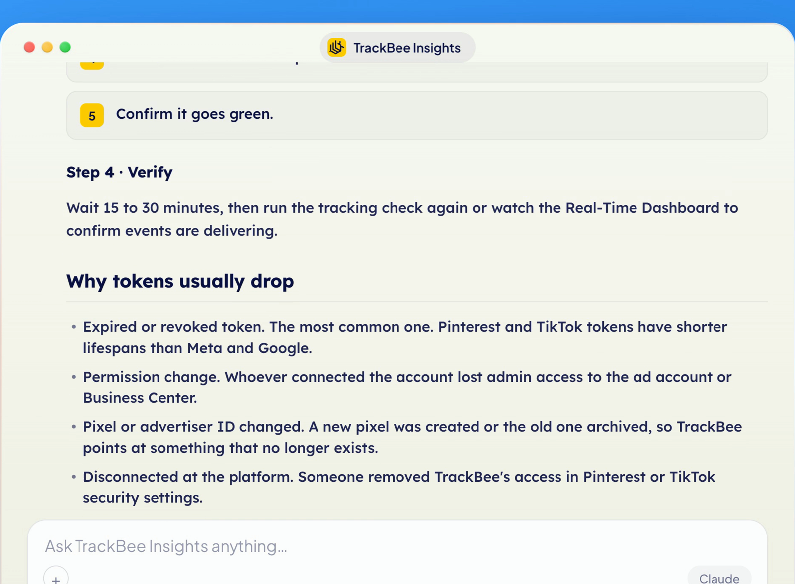 The fix walkthrough in TrackBee Insights: verify that events are delivering again, plus the common reasons Pinterest and TikTok access tokens drop.