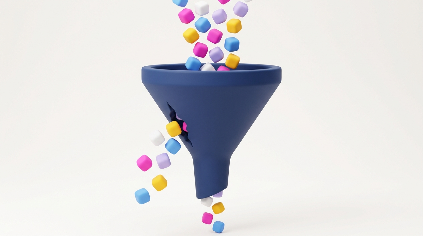 A funnel with data pouring in the top and leaking out through a crack in the side, only a trickle reaching the bottom, showing customers lost in a Shopify checkout funnel.