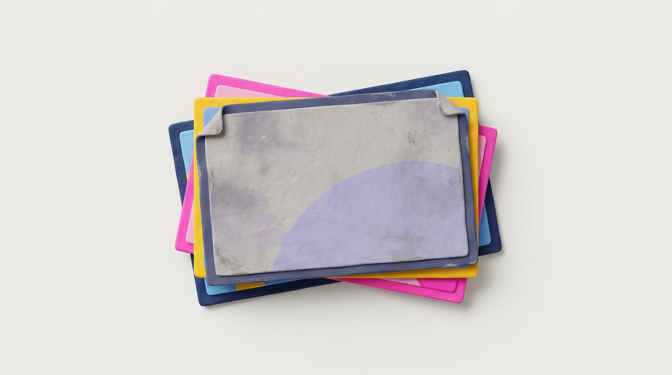 A stack of ad creative cards in brand colors with the worn, faded, dog-eared card on top, showing one fatigued ad and fresh replacements waiting behind it.