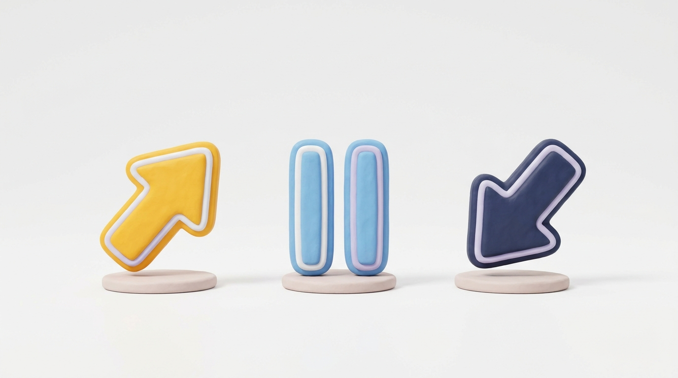 Three chunky clay icons on pedestals: a yellow up arrow for scale, a sky-blue pause for watch, and a navy down arrow for cut, the three weekly calls for an ad campaign.