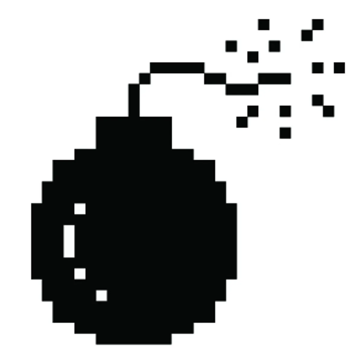 Pixel art style black round bomb with a lit fuse showing small sparks.