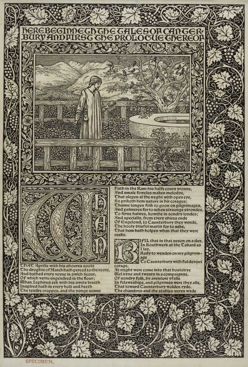 Decorative page from The Works of Geoffrey Chaucer featuring a detailed black and white illustration of a man reading near a tree with birds, surrounded by floral borders and medieval-style text.