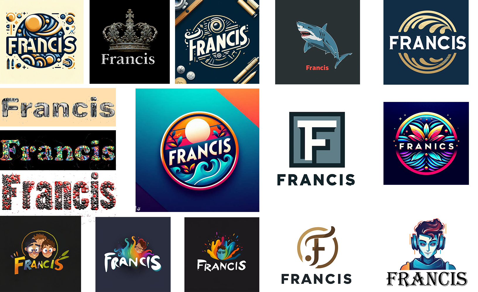 Collage of 15 colorful logo designs featuring the name Francis in various artistic styles including abstract patterns, crowns, underwater themes, sharks, floral patterns, bubbles, cartoon characters, and modern typography. It was Made by AI. It sucks. 