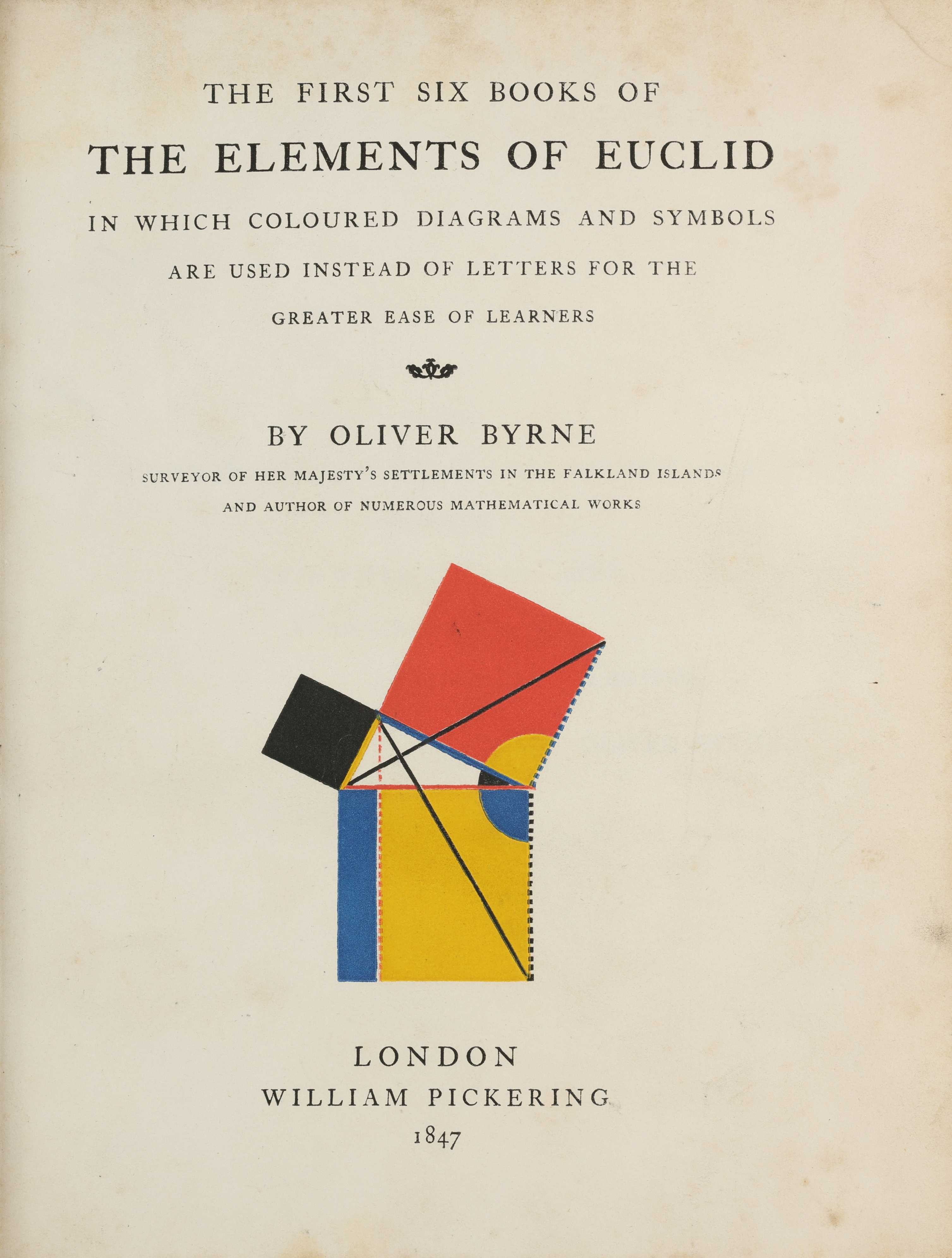 Title page of 'The Elements of Euclid' by Oliver Byrne, 1847, featuring a colored geometric diagram with red, yellow, blue, and black shapes.