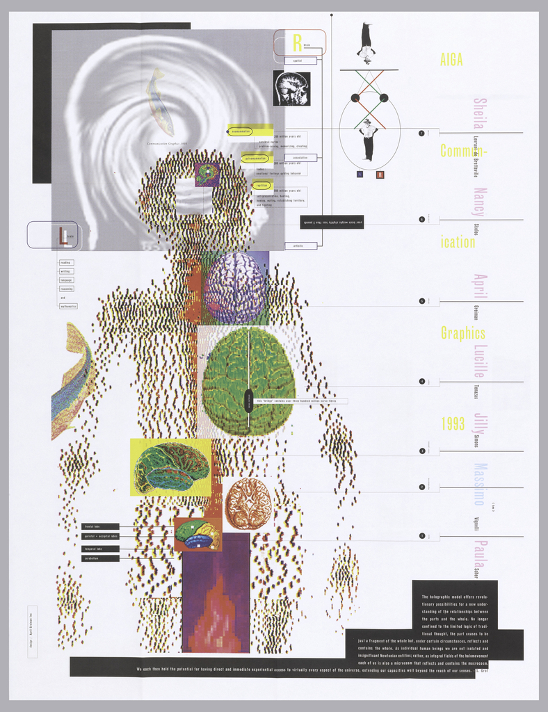 Abstract scientific infographic showing a human figure composed of small pixels and brain scan images, with annotations about brain anatomy and cognitive functions.