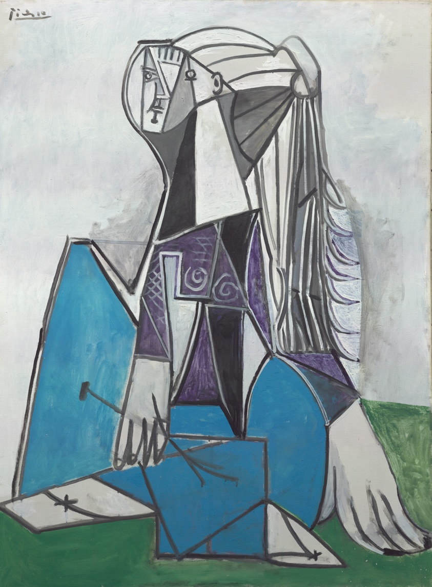 Cubist painting of a seated woman with elongated limbs and abstract facial features, wearing a blue and purple outfit with a white headdress, against a pale background.