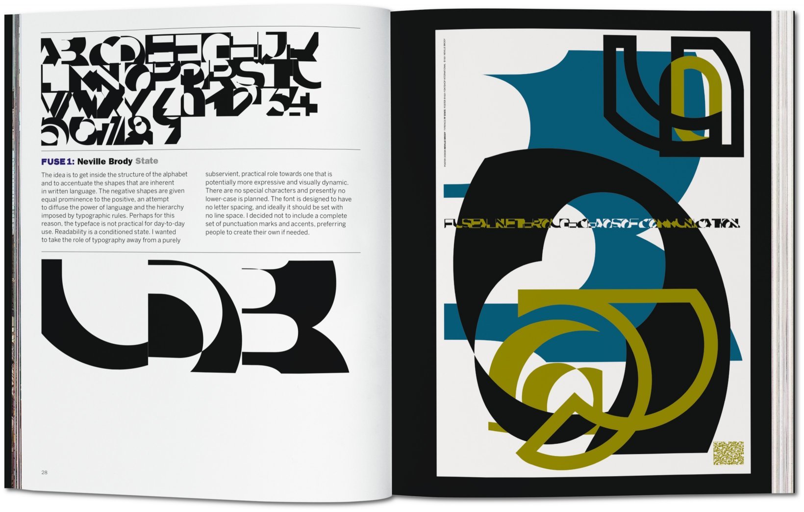 Open book spread showing a typographic design project by Neville Brody called FUSE 1, with abstract and experimental black and colored letterforms and text blocks.