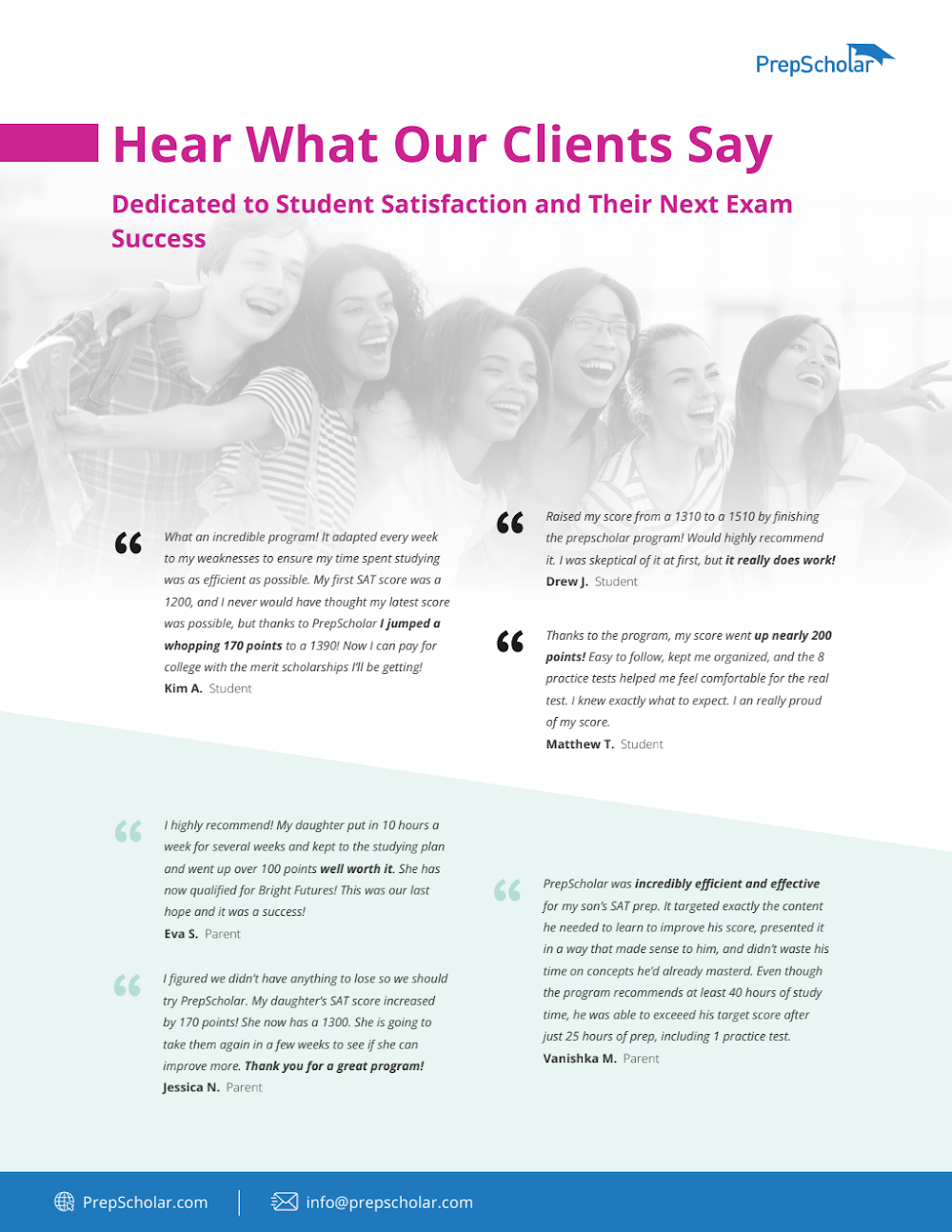 Sales packet testimonials page