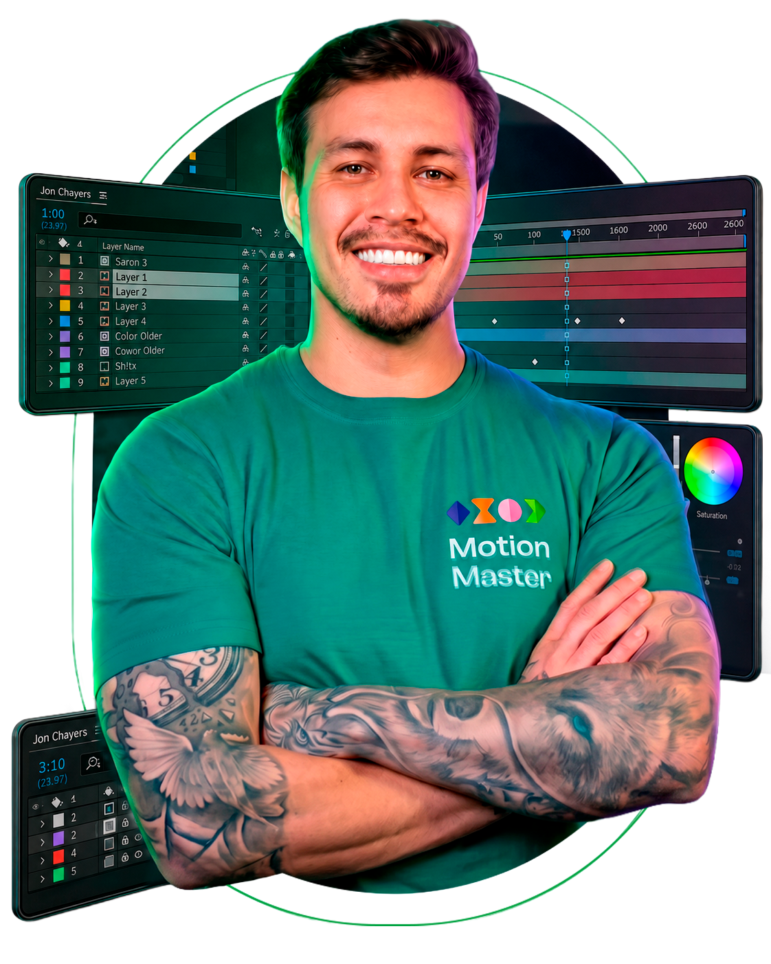 Tiago Castro, con paneles de After Effects de fondo