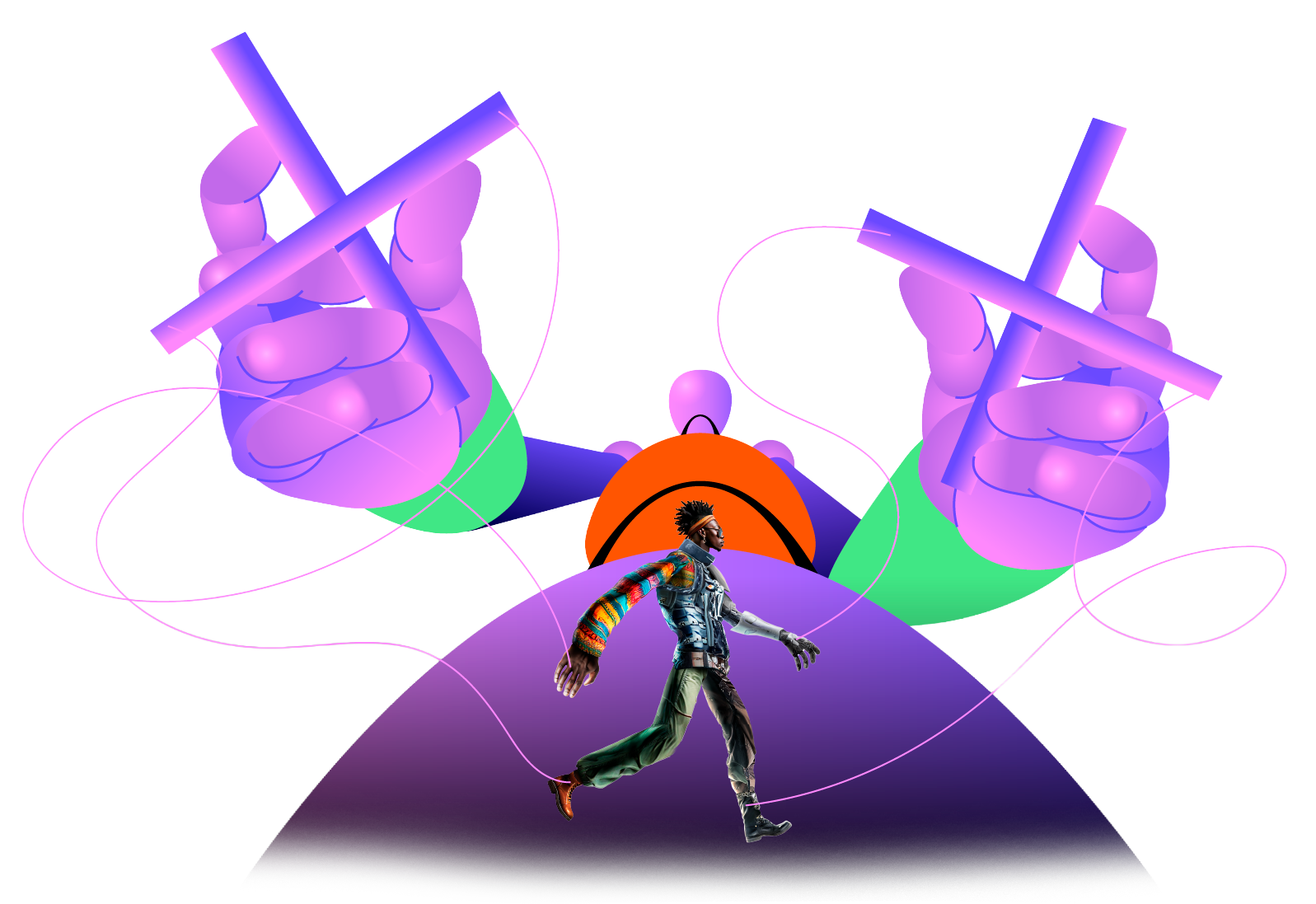 Personaje siendo controlado por manos con hilos de marioneta, representando el concepto de rig