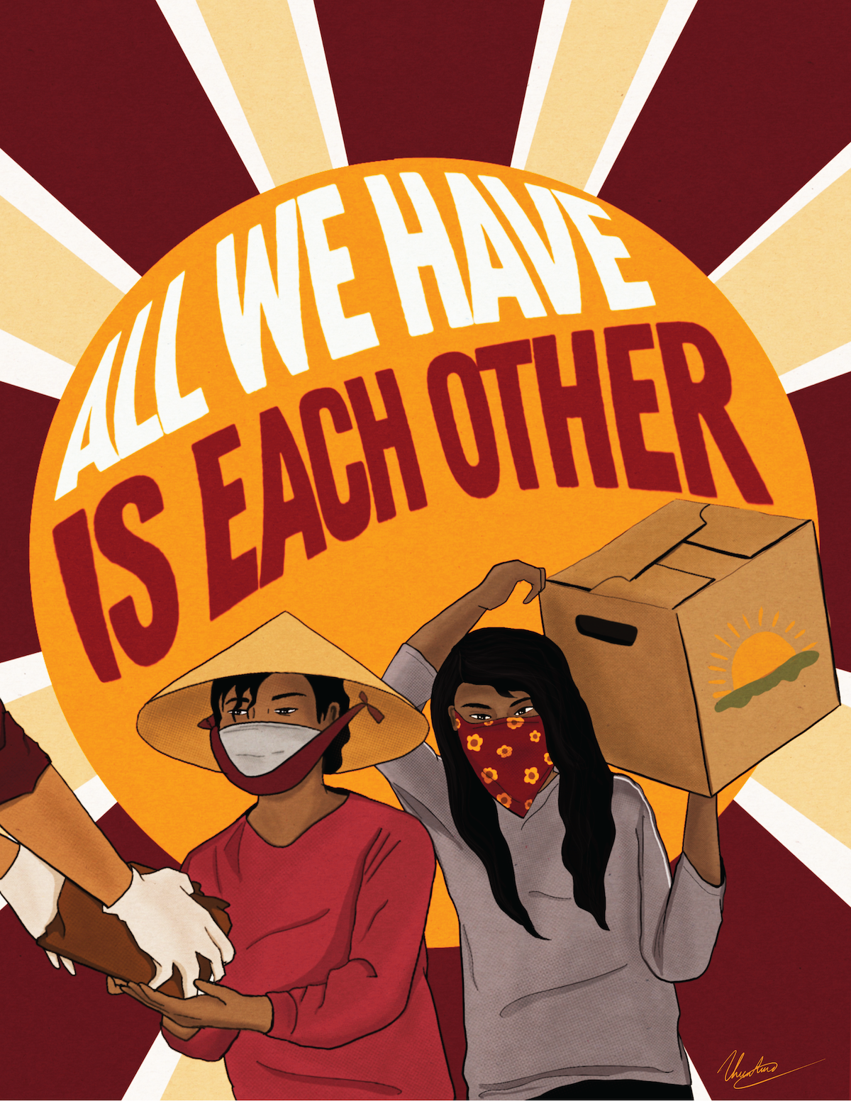 Three people work in front of a sun that says "All we have is each other"