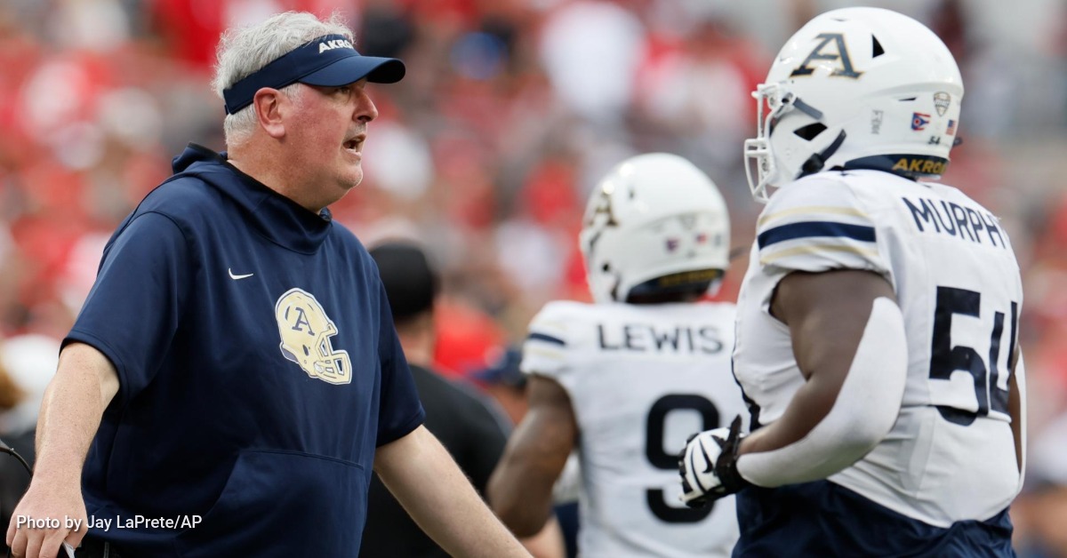 LSU head coach Brian Kelly talks to recruit Ryan Yaites during the Spring football game in Baton Rouge, La. Saturday, April 23, 2022. Photo by Matthew Hinton