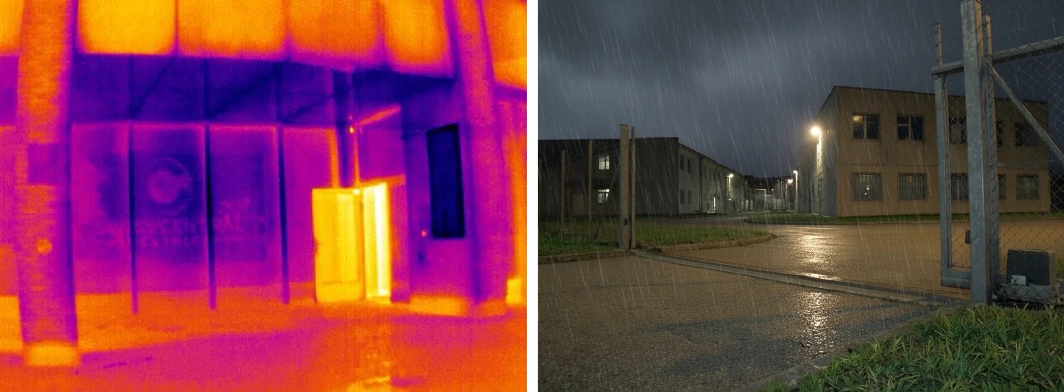 Thermal and visible camera views of an industrial site during a rainy night patrol.