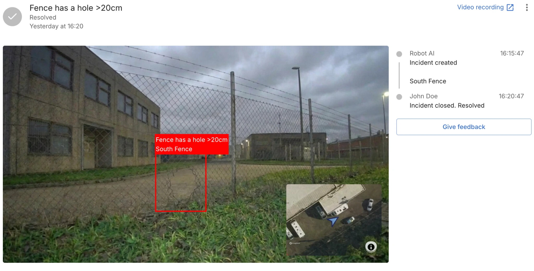 Ascento security platform showing a fence damage alert detected during an autonomous patrol.
