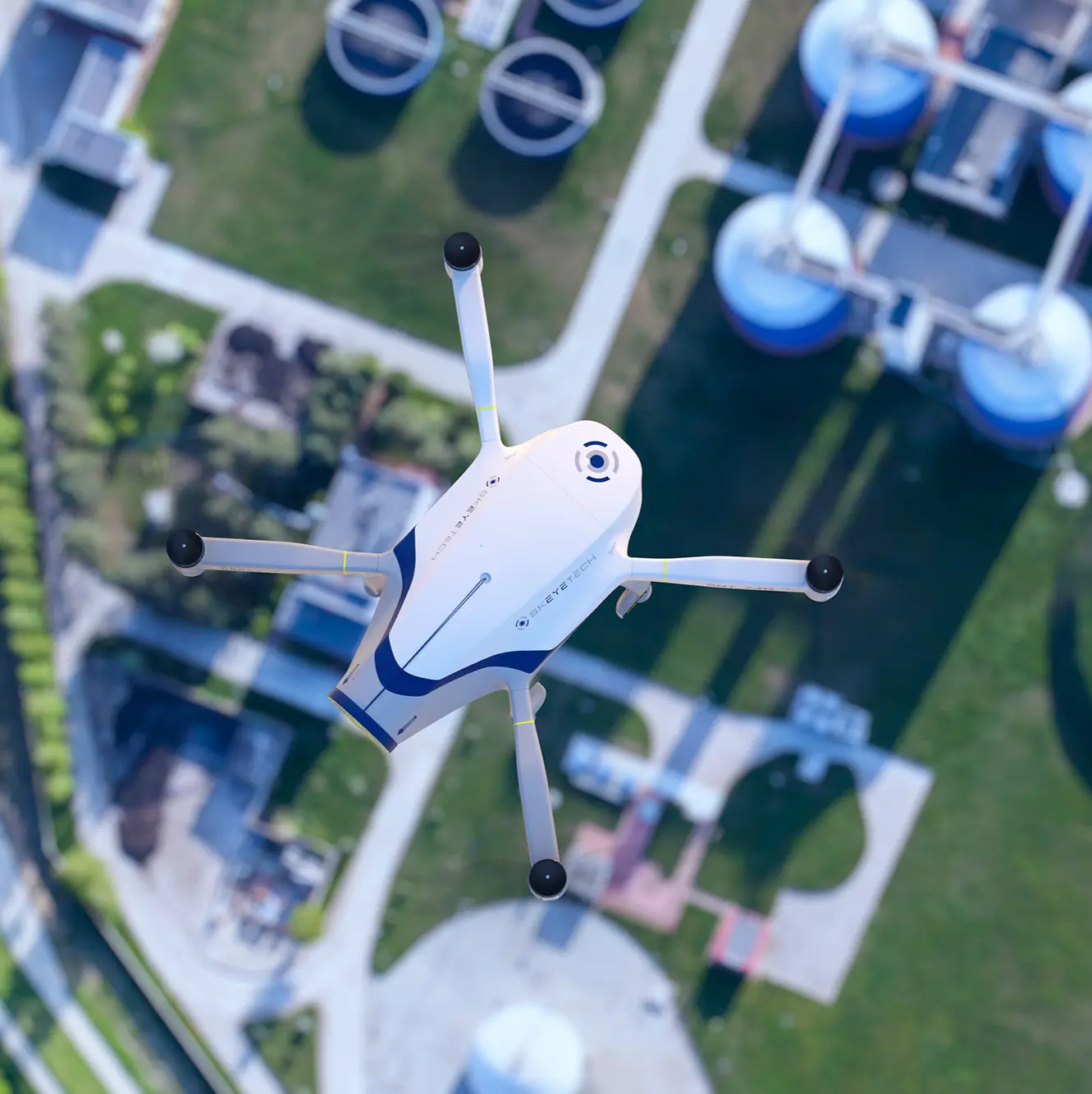 Skeyetech E2 autonomous security drone providing an aerial view of an industrial site.