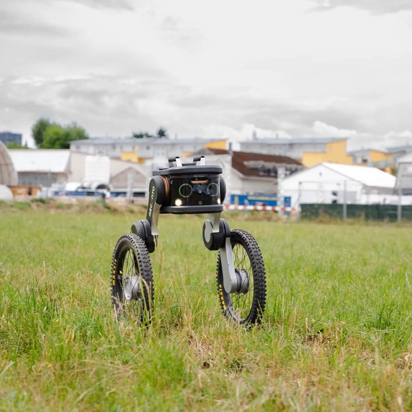 Ascento Guard autonomously patrolling uneven terrain at an outdoor site.