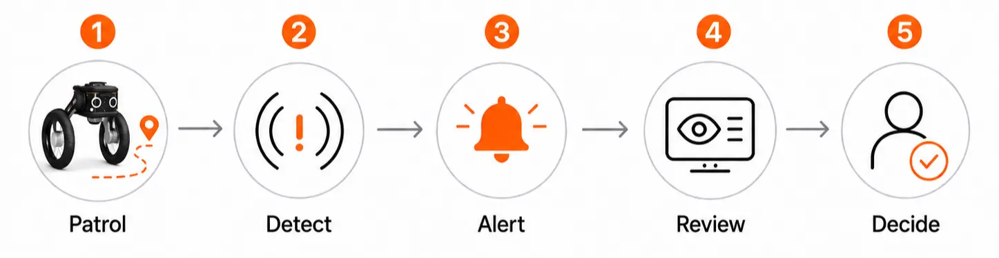 Autonomous security robot workflow from patrol and detection to human review and response.