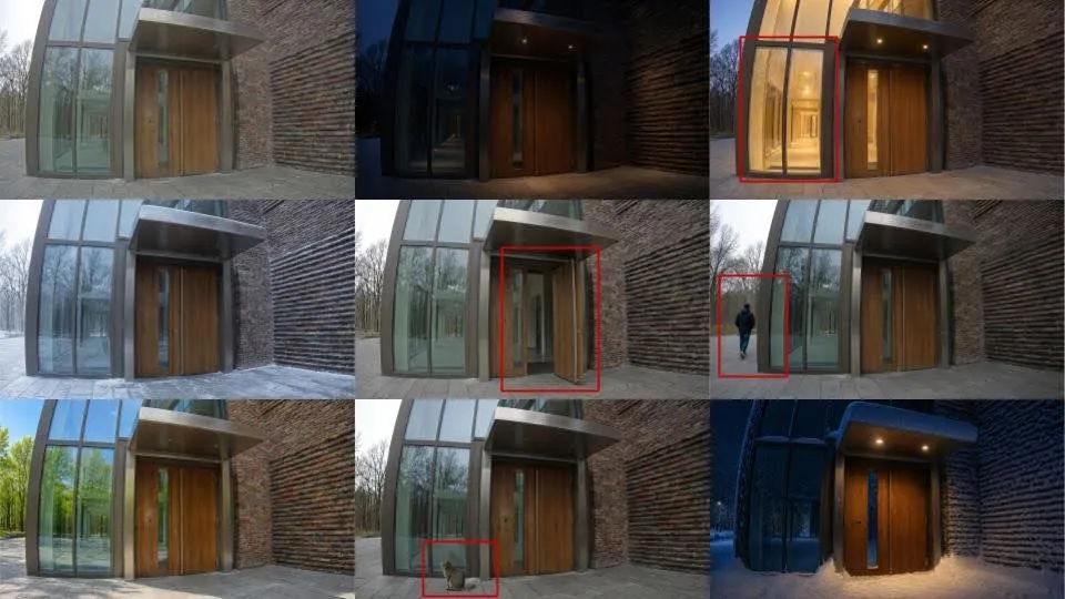 Security camera image sequence detecting an open door, a person, and an animal near a building entrance.