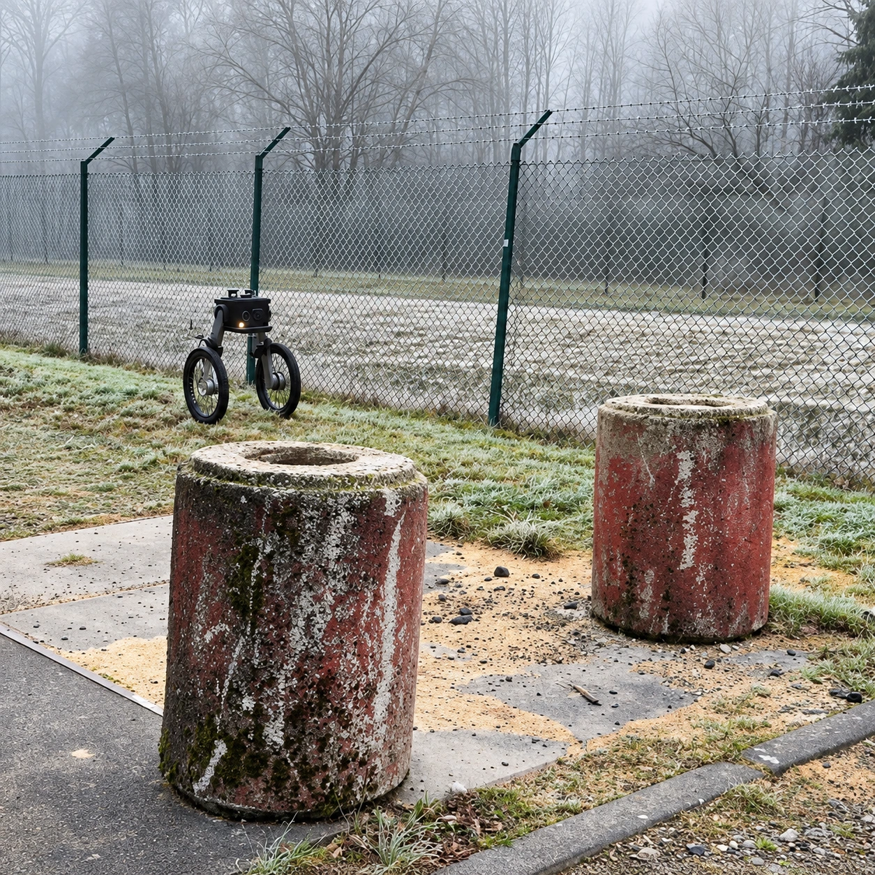 Autonomous security robot patrolling a fenced industrial perimeter in snowy winter conditions.