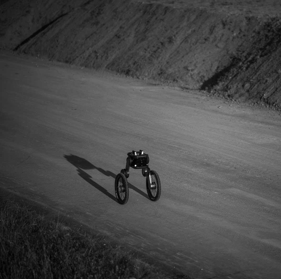 Autonomous security robot patrolling a gravel road at night using onboard cameras and sensors.