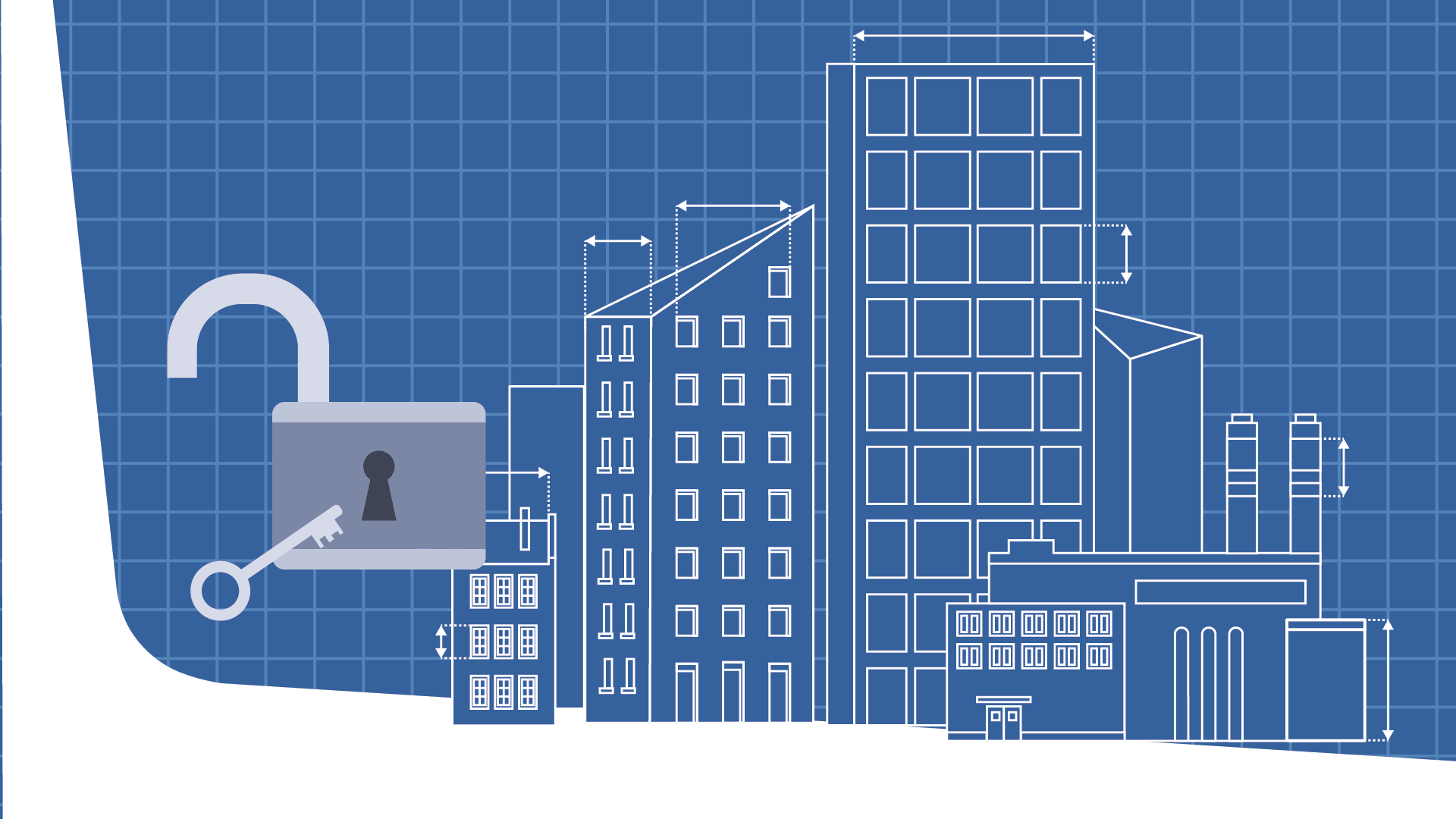 Buildings illustration with an opened padlock and a key underneath. Placed over the geodesys curved blue background