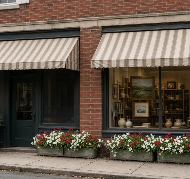 Brick boutique storefront with striped awnings and flower boxes