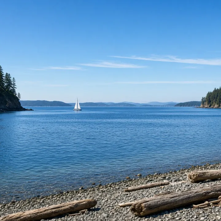 Calm saltwater channel between forested shores with a sailboat in the distance