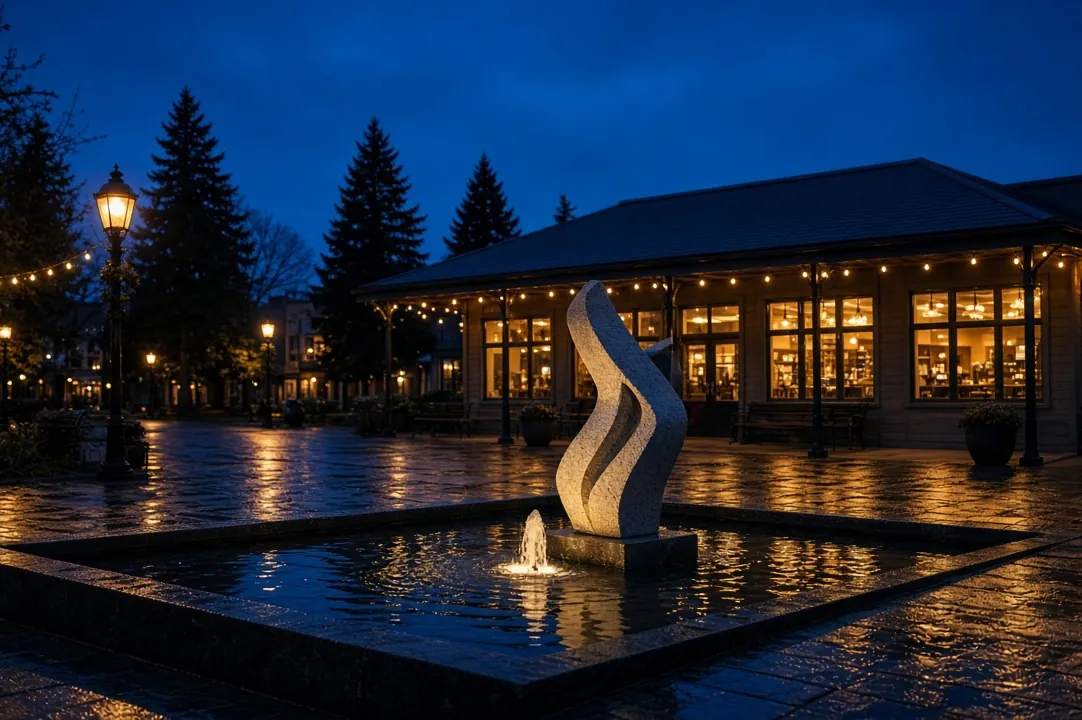 Small town plaza with a lit fountain and sculpture on a rainy evening
