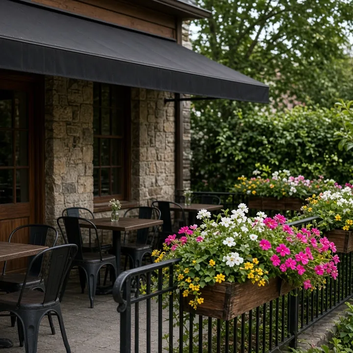 Restaurant patio with planter boxes of bright summer flowers