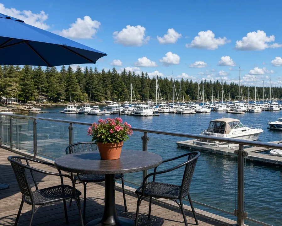 Bistro table on a waterfront deck overlooking a marina on a sunny day
