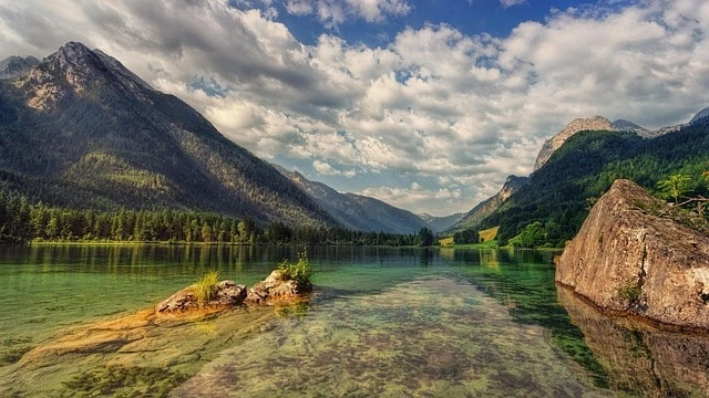Wide angle shot over mountain landscape.