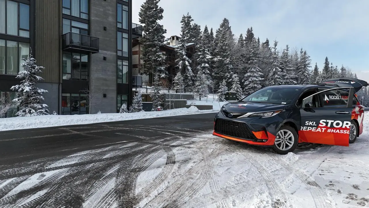Panoramic shot of Park City Mountain or Main Street in winter — aspirational, wide, cinematic