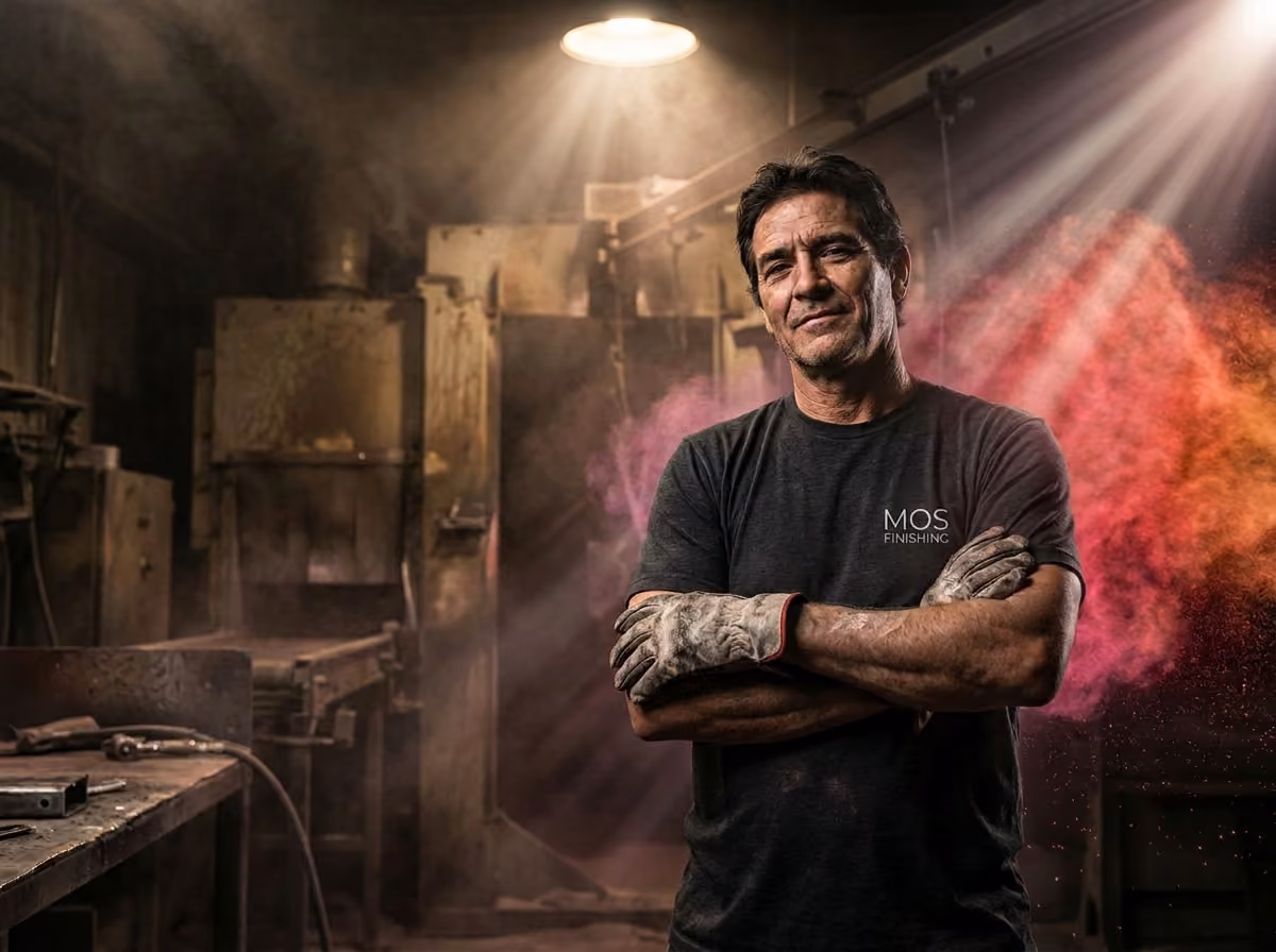An industrial worker in a paint shop with the MOS logo on his shirt