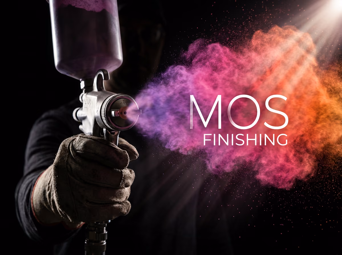 spraygun with rainbow mist, MOS finishing logo in mist