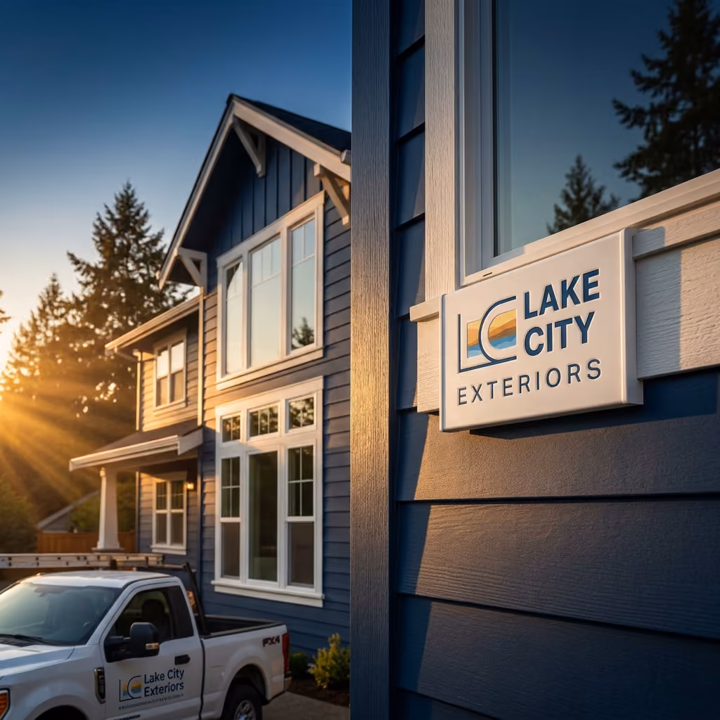 Lake Exteriors logo placed on a window and a work truck outside a freshly sided home
