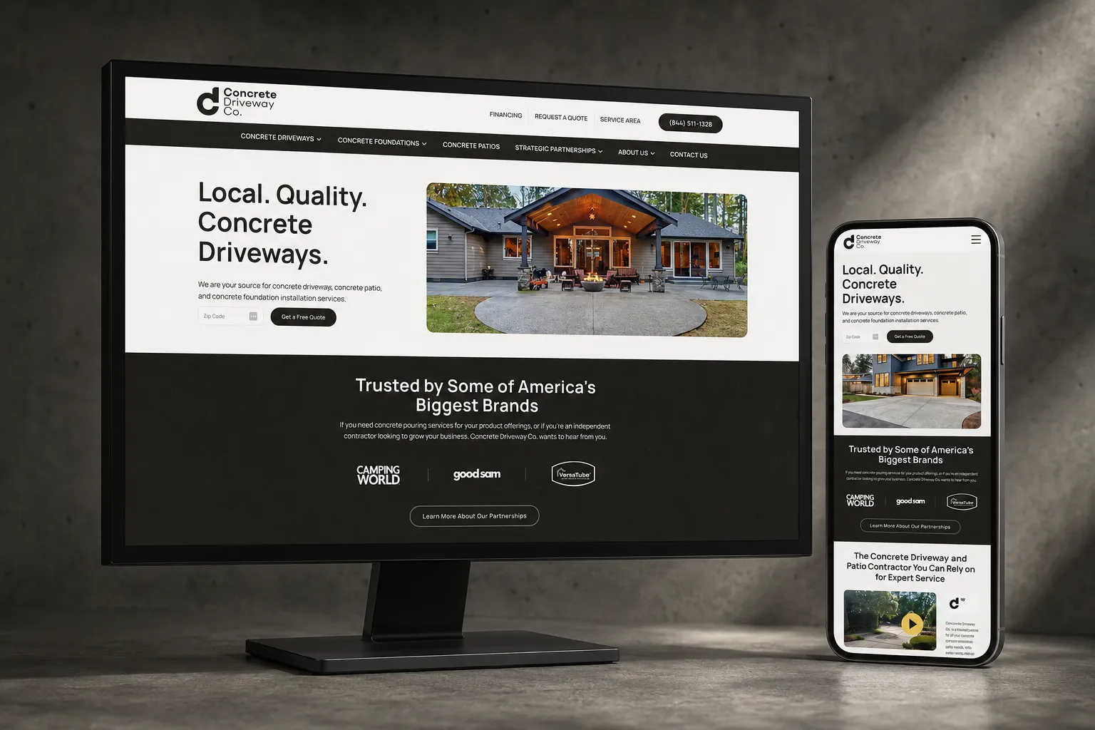 mock-up of concrete driveway company website in monitor and phone