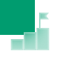 Four ascending blue-green translucent bars representing growth, with the tallest topped by a flag.