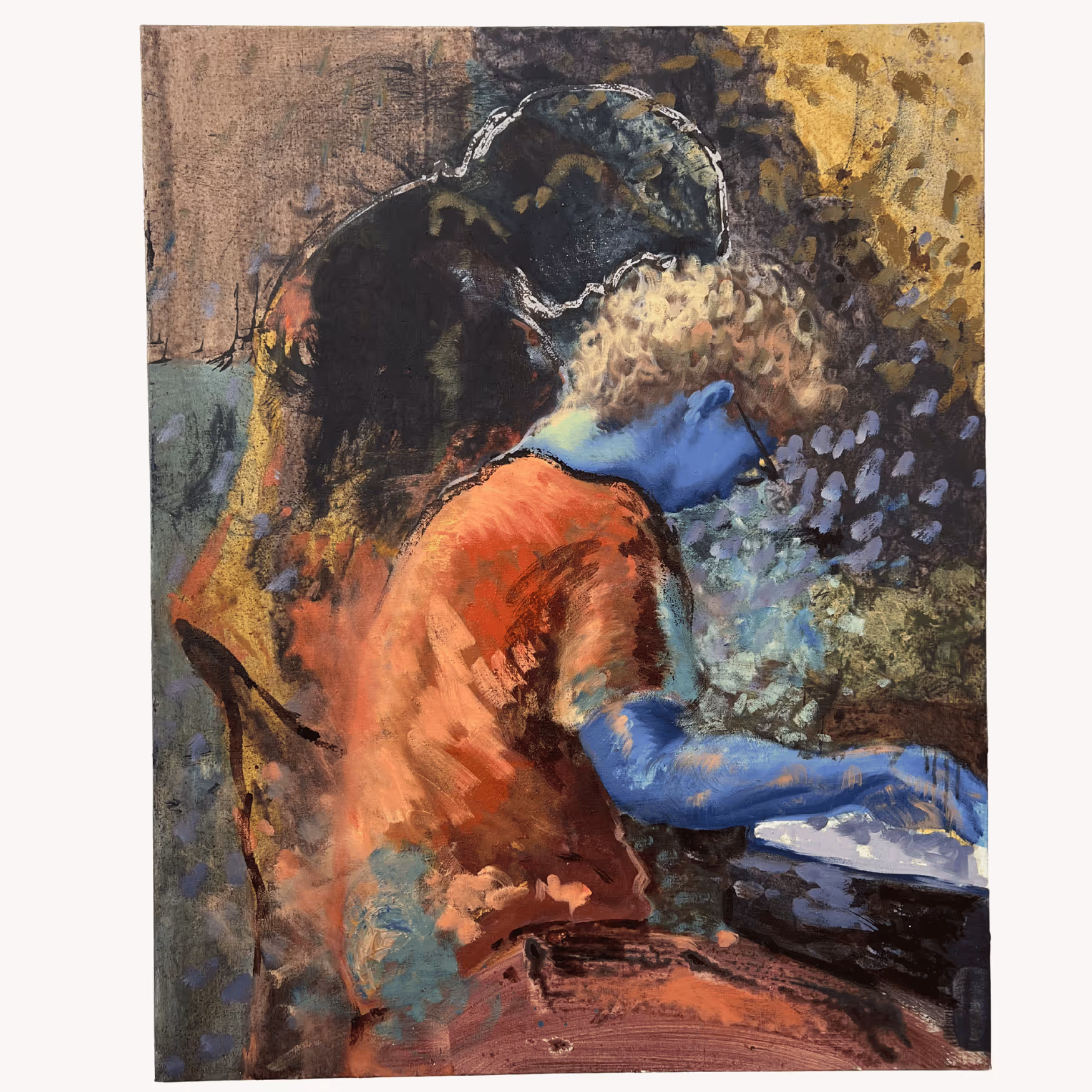 Painting by Yves Michael - Scheinbild showing two boys in from of a window. As one drinks from a bottle the other leans away from the viewer